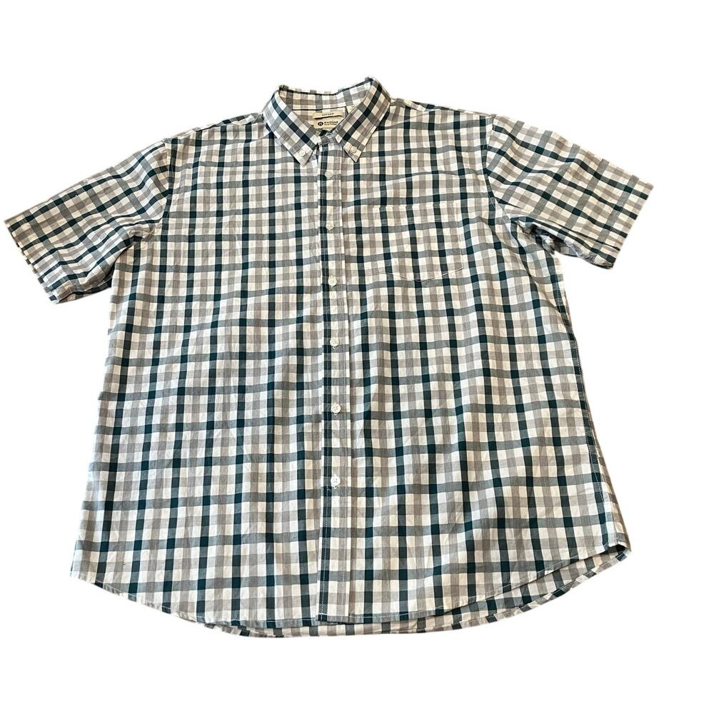 Haggar Fitted‎ Men's Shirt Plaid Short Sleeve XL Green Gray White Cotton NEW